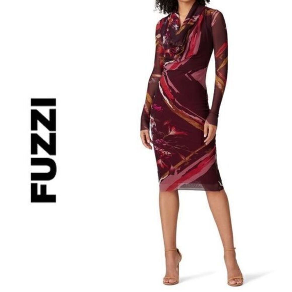 FUZZI Sheer All Over Purple Red Printed Tulle Sheath Print Dress MEDIUM